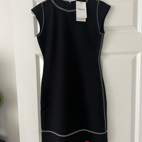 NWT Theory Admiral Crepe Cap Sleeve Black Embroidered Shift Dress size 00 $366 - Picture 1 of 5
